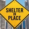 shelter in place sign in front of buildings